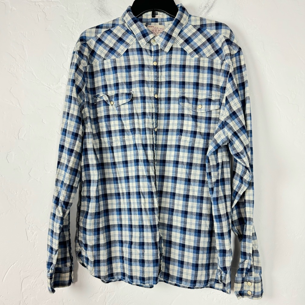 Lucky Brand Shirt Knit Top Button Down Flannel Plaid Print Western Snap Button‎